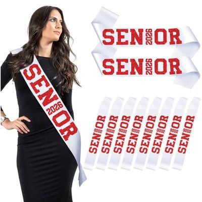 10Pcs White Senior 2026 Satin Sashes with Red Glitter Letters- 2026 Graduation Celebrations Sashes - Senior Cheer Sash - Cheerleader Sash - Class Competition Sashes