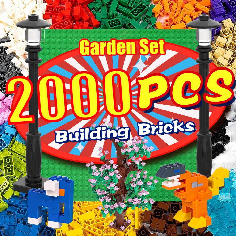 2000 Pieces Building Bricks, Building Bulks Blocks with 1 Packs 24x24 Studs Sticky Plates,400PCS Flowers and Tree/Grassland, Creative Toy Blocks Compatible with All Major Brands 14 Shape/18 Color