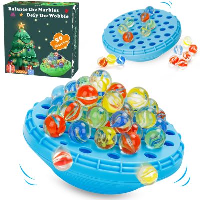 YUOIOYU Marble Balance Game - 50 Colorful Marbles with Built-in Storage, Fun Family Challenge for 1-4 Players, Educational Toy for Kids & Adults, Perfect for Parties, Travel & Birthday Gifts (Blue)