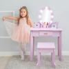 Kids Vanity Set, Pretend Play Girls Vanity Table and Chair Set with Lighted Mirror, Stool, and Wood Makeup Playset, Purple view 3