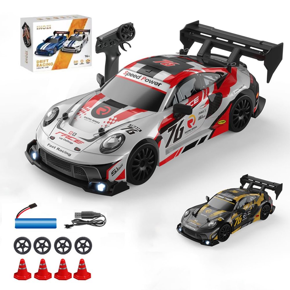 Actualia 1:24 Scale RC Drift Car with LED Lights, 4WD Electric Remote Control Racing Vehicle, 2.4GHz 30KM/H High Speed Mini Sport Drift Car for Adults & Hobbyists