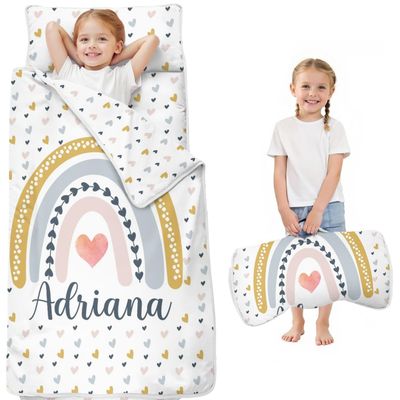 Personalized Boho Rainbow Toddler Nap Mat with Pillow and Blanket, Custom Name Kids Sleeping Bag for Daycare Preschool, Napping Mats for Girls, Kids Slumber Bags Sleep Padded Easy Roll Up
