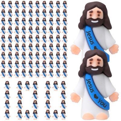 Bememo 100 Pcs Little Jesus Figures Jesus Loves You Original Design Pocket Rubber Little Figures to Hide and Seek Sunday Religious Party Share Easter Gifts(Blue)