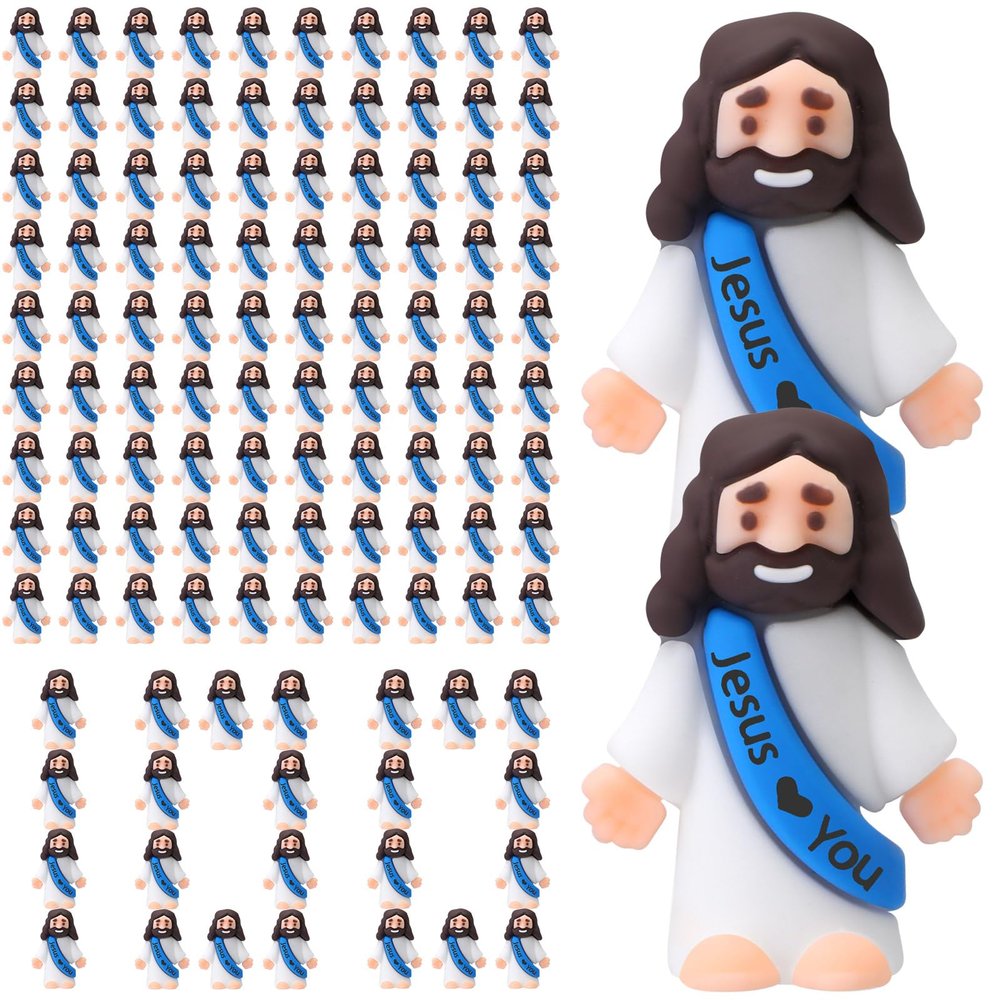 Bememo 100 Pcs Little Jesus Figures Jesus Loves You Original Design Pocket Rubber Little Figures to Hide and Seek Sunday Religious Party Share Easter Gifts(Blue)