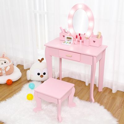 Kids Vanity Set, Pretend Play Girls Vanity Table and Chair Set with Lighted Mirror, Stool, and Wood Makeup Playset, Pink