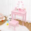 Kids Vanity Set, Pretend Play Girls Vanity Table and Chair Set with Lighted Mirror, Stool, and Wood Makeup Playset, Pink view 1