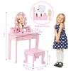 Kids Vanity Set, Pretend Play Girls Vanity Table and Chair Set with Lighted Mirror, Stool, and Wood Makeup Playset, Pink view 4