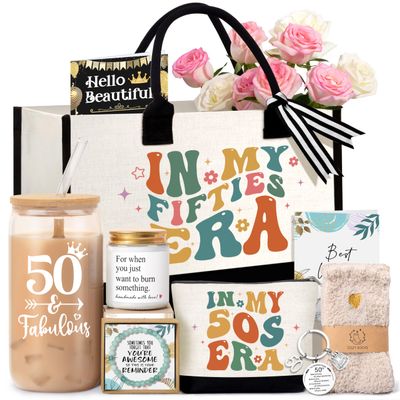 50th Birthday Gifts for Her, 50 Year Old Fabulous Gifts for Women, Unique 50th Happy Birthday Ideas with Canvas Tote Bag Glass Cup Candle, Perfect for Mom Sister Friend Wife Daughter Coworker