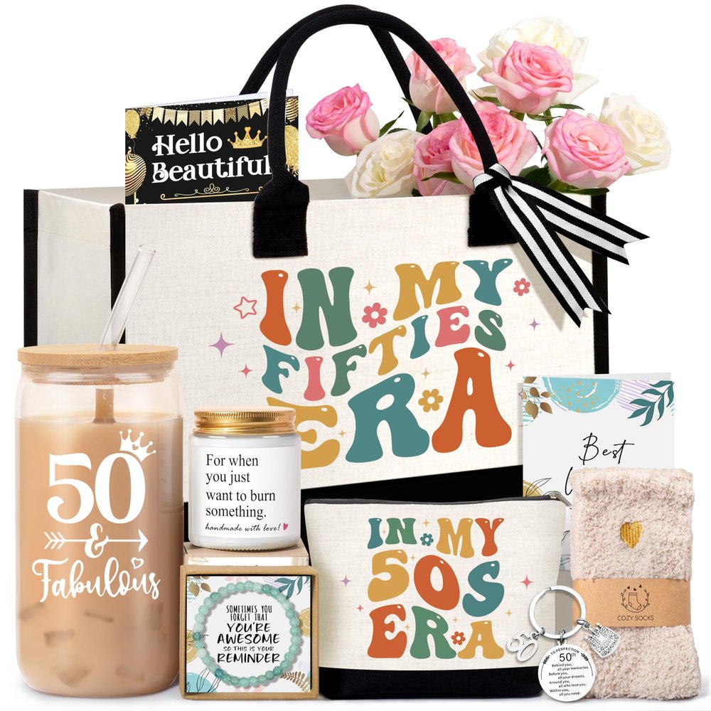 50th Birthday Gifts for Her, 50 Year Old Fabulous Gifts for Women, Unique 50th Happy Birthday Ideas with Canvas Tote Bag Glass Cup Candle, Perfect for Mom Sister Friend Wife Daughter Coworker