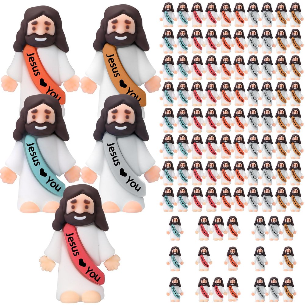 Bememo 100 Pcs Little Jesus Figures Jesus Loves You Original Design Pocket Rubber Little Figures to Hide and Seek Sunday Religious Party Share Easter Gifts(Bohemian Color)