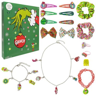 Dr. Seuss Grinch Advent Calendar 24 Days -Includes Kids Jewelry Set & Hair Clips for Girls - Holiday Accessory Surprise for Teen Girl - Fun Christmas Countdown