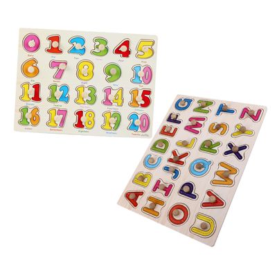 DIYEAH Wooden Alphabet and Number Puzzle Educational Montessori Learning for Color Matching Knob Board with Design for Fine Motor Skill Development