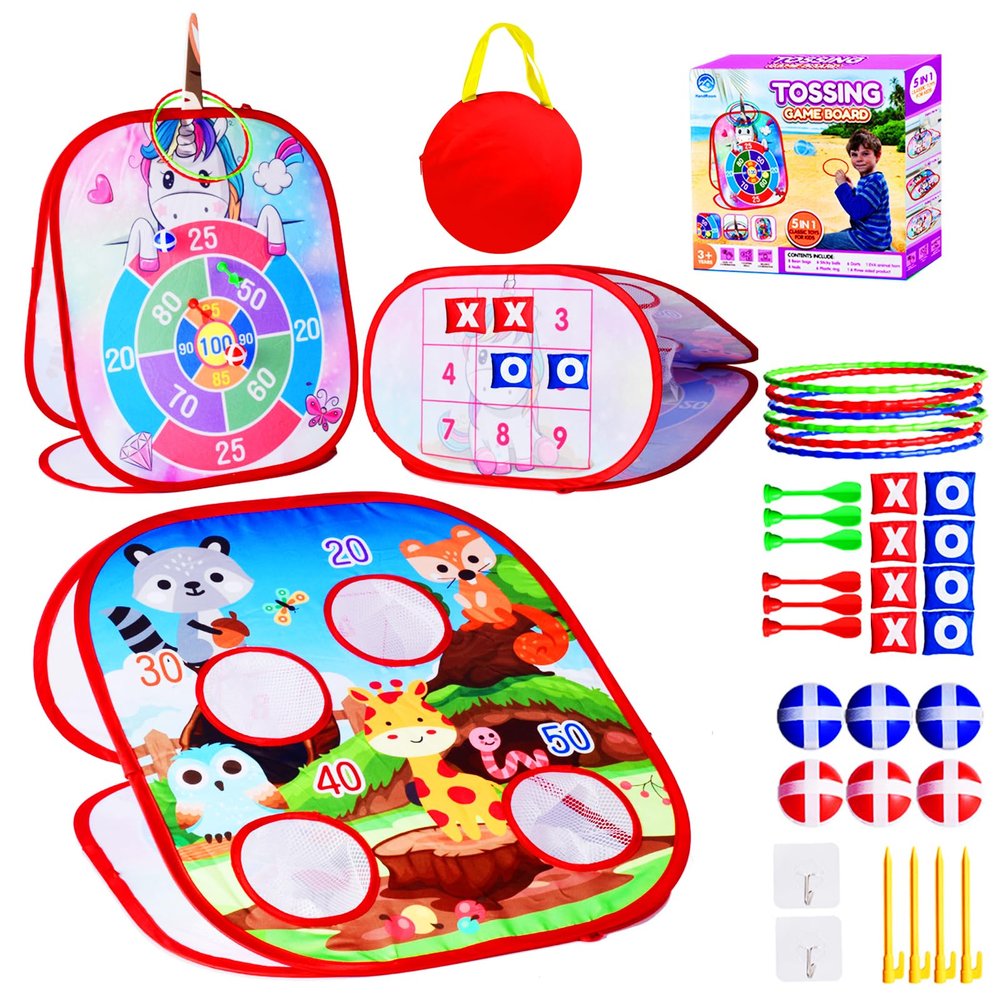 Bean Bag Toss Outdoor/Indoor Game Set for Kids - 5IN1 Cornhole Family Party Toys Age 3-8 Years Toddlers Children/Backyard Throwing Toy to Boys Girls Birthday/Christmas/Easter Kid Gift, Animals