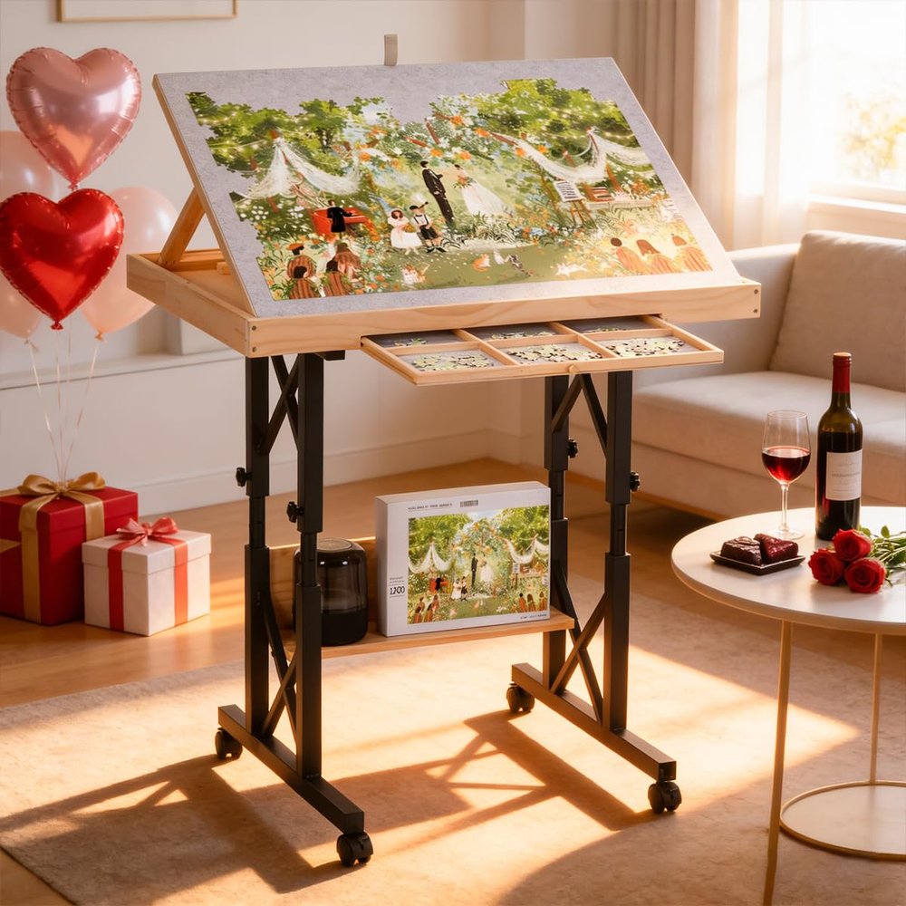 FUNTOK 1500 Piece Jigsaw Puzzle Table with Legs for Adults, Portable Wooden Puzzle Tables with Wheels, Drawers, Adjustable Height with Scales, 5-Tilting-Angle, Transparent Cover, Non-Slip Felt Surface