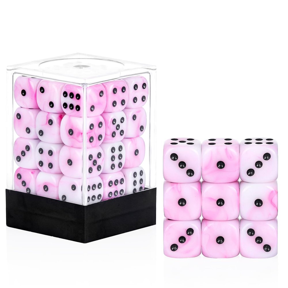 36 of Pack 12MM 6 Sided MINI Dice Set,Mixed Colours Swirls D6 Game Dice Set, 6 Sided Standard Dices for Yahtzee, Bunco or Teaching Math,with Portable Plastic Box(Pink White)