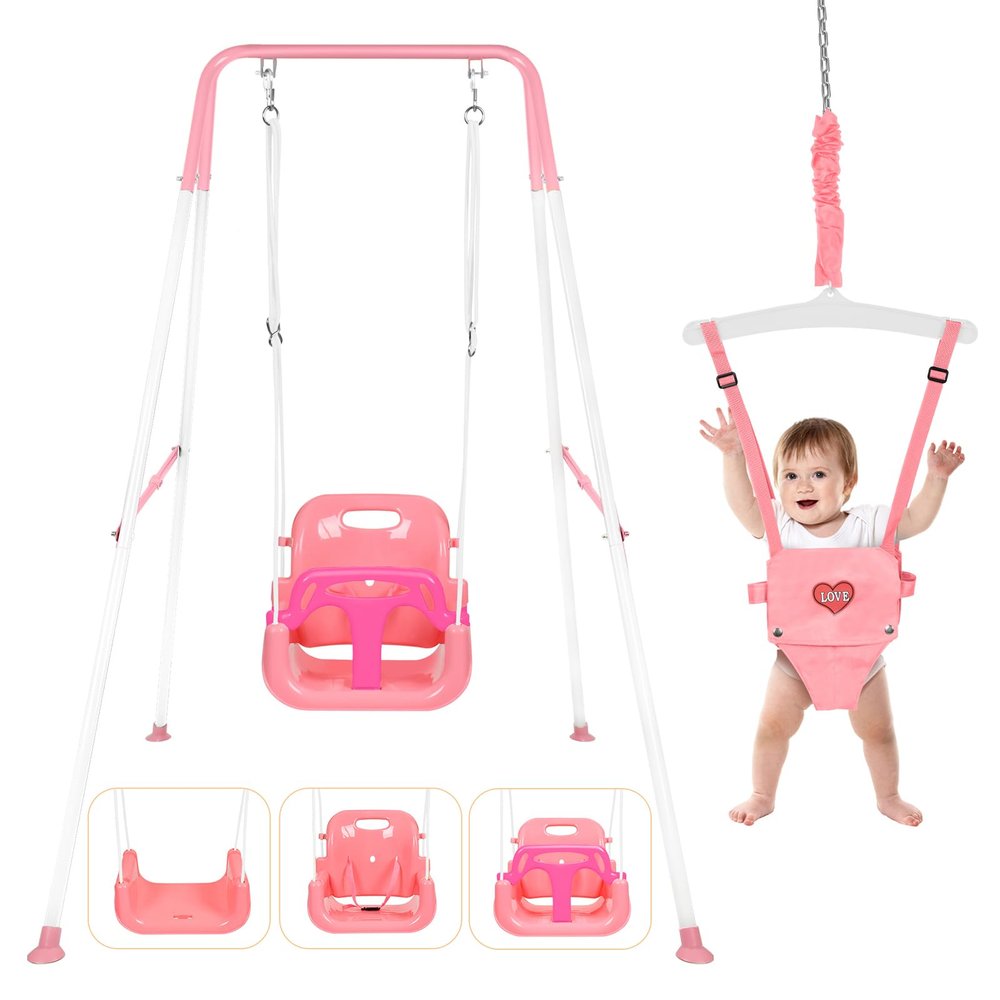 4-in-1 Toddler Swing Set & Baby Jumper and Bouncers, Heavy Duty Baby Swing Set with Foldable Metal Stand for Indoor & Outdoor, Suitable for Children 6 Months and Older, Easy to Assemble & Store