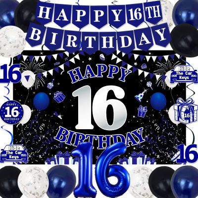 16th Birthday Decorations for Boys Girls, Blue Black Happy 16th Birthday Party Decorations, Happy 16th Birthday Backdrop, Foil Balloons 16, Banner, Balloons, Hanging Swirls, Birthday Cards Set 45pcs