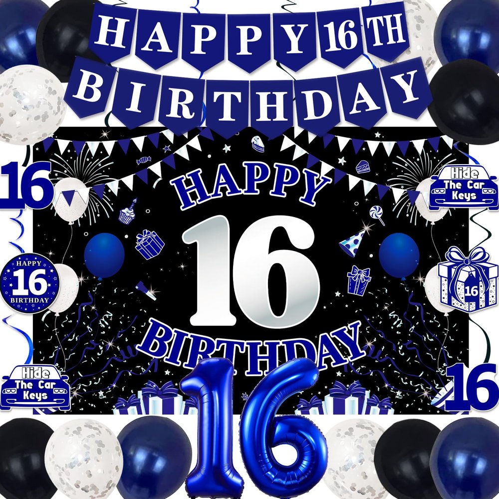 16th Birthday Decorations for Boys Girls, Blue Black Happy 16th Birthday Party Decorations, Happy 16th Birthday Backdrop, Foil Balloons 16, Banner, Balloons, Hanging Swirls, Birthday Cards Set 45pcs