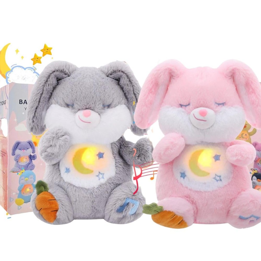 Breathing Stuffed Animal, Soothe Snuggle Pink Bunny & Gray Bunny Plush for Anxiety Adults and Kids, Soothing Stuffed Animal, Soft Breathing Plush Bunny Gifts with Realistic Breathing and Lights
