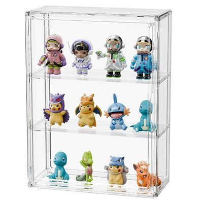 3 Tier Acrylic Display Case for Collectibles - Clear Magnetic Door Dustproof Showcase with 2 Movable Shelves for Action Figures, Fun-ko Pops, LE-GO