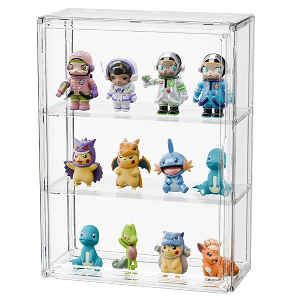 3 Tier Acrylic Display Case for Collectibles - Clear Magnetic Door Dustproof Showcase with 2 Movable Shelves for Action Figures, Fun-ko Pops, LE-GO