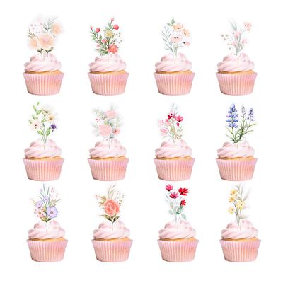 12pcs Wildflower Birthday Party Decorations, Multicolor Wild Flower Cupcake Toppers Floral Party Cake Decor Supplies for Girls Women Birthday Baby Shower