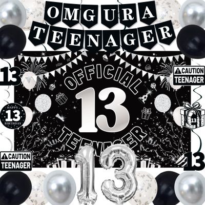 13th Birthday Decorations for Boys Girls, Black White Omg Ur A Teenager Birthday Party Decorations, Official 13 Teenager Backdrop, Foil Balloons 13, Banner, Balloons, Hanging Swirl, Birthday Card Set