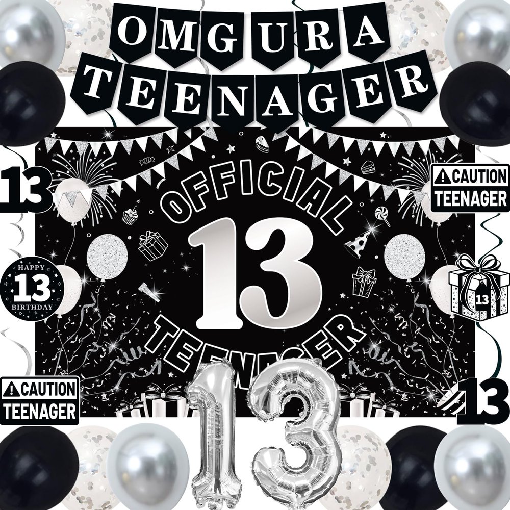 13th Birthday Decorations for Boys Girls, Black White Omg Ur A Teenager Birthday Party Decorations, Official 13 Teenager Backdrop, Foil Balloons 13, Banner, Balloons, Hanging Swirl, Birthday Card Set