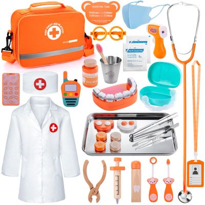 Dentist Play Set for Kids 3-5, Wooden Doctor Kit 33 Pcs with Real Stethoscope, Removable Teeth, Braces & Storage Bag | Pretend Play Medical & Dental Role Play Toys Gift for Toddlers Boys Girls