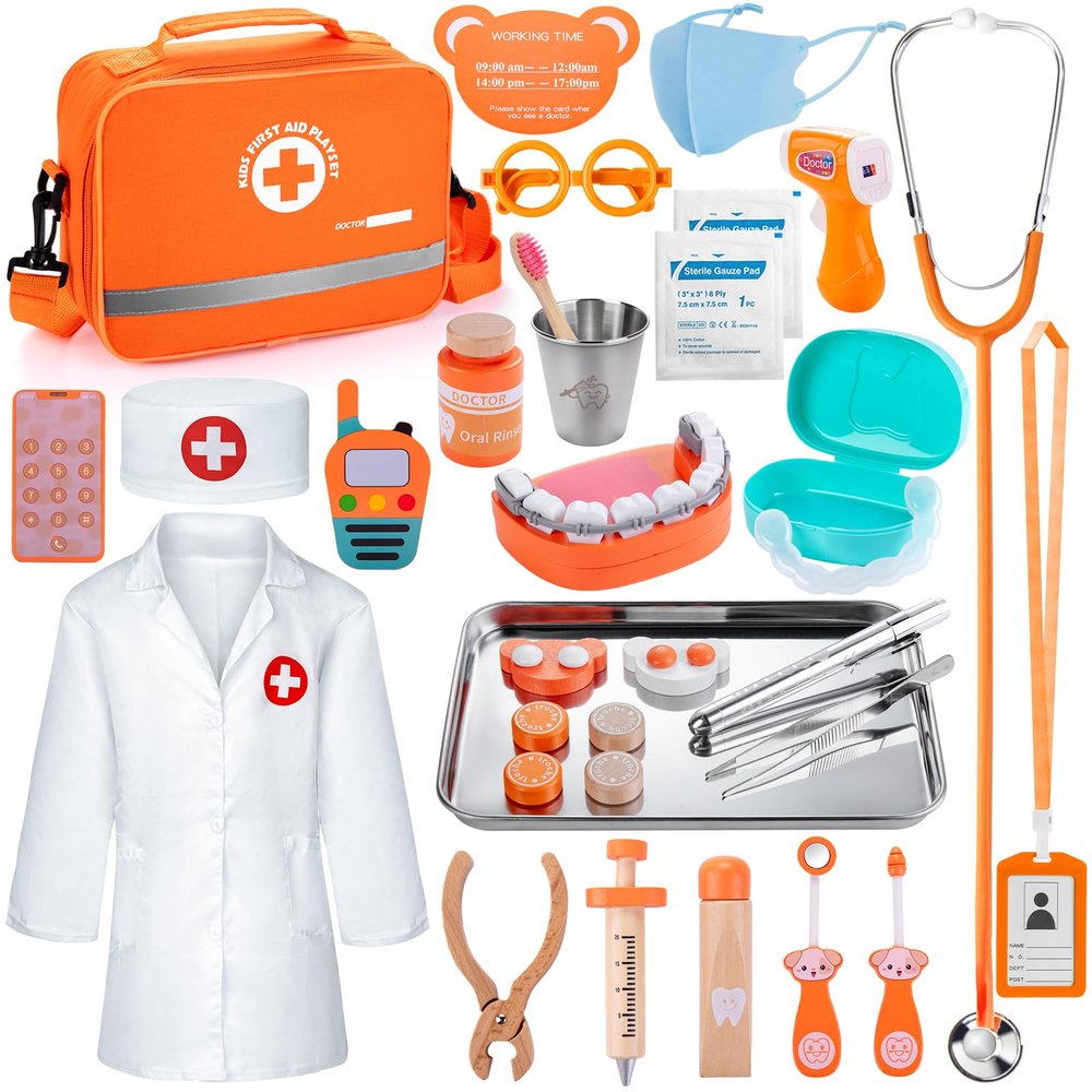 Dentist Play Set for Kids 3-5, Wooden Doctor Kit 33 Pcs with Real Stethoscope, Removable Teeth, Braces & Storage Bag | Pretend Play Medical & Dental Role Play Toys Gift for Toddlers Boys Girls