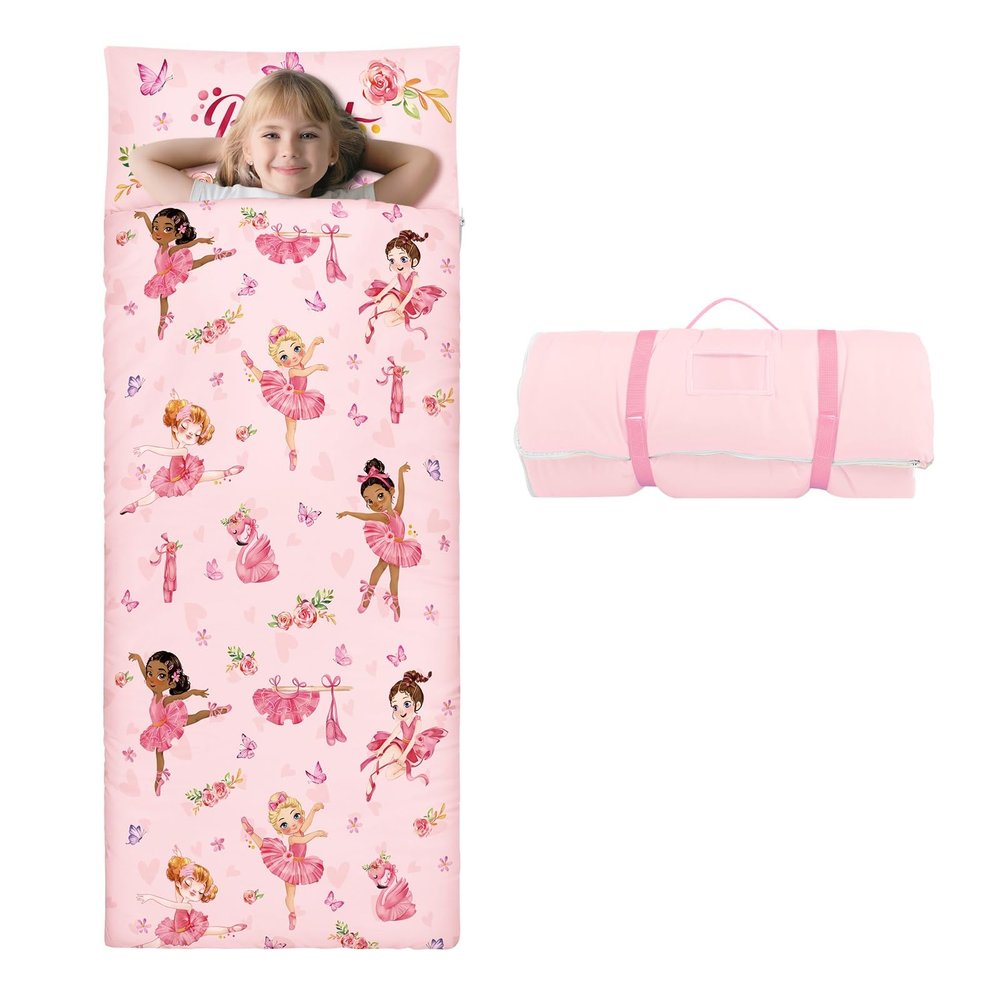 Kids Sleeping Bag Toddler Nap Mat with Removable Pillow, Large Foldable Sleeping Bag for Girls Boys, Easy Clean Slumber Bag with Double Zip for Camping School Preschool Daycare, 5924 inch