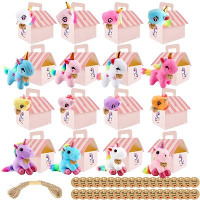 133 Pcs Unicorn Party Favors Include 16 Mini Plush Unicorn Keychains 16 Boxes 100 Cards and 10m Rope for Adopt a Unicorns Party Favors Birthday Gifts