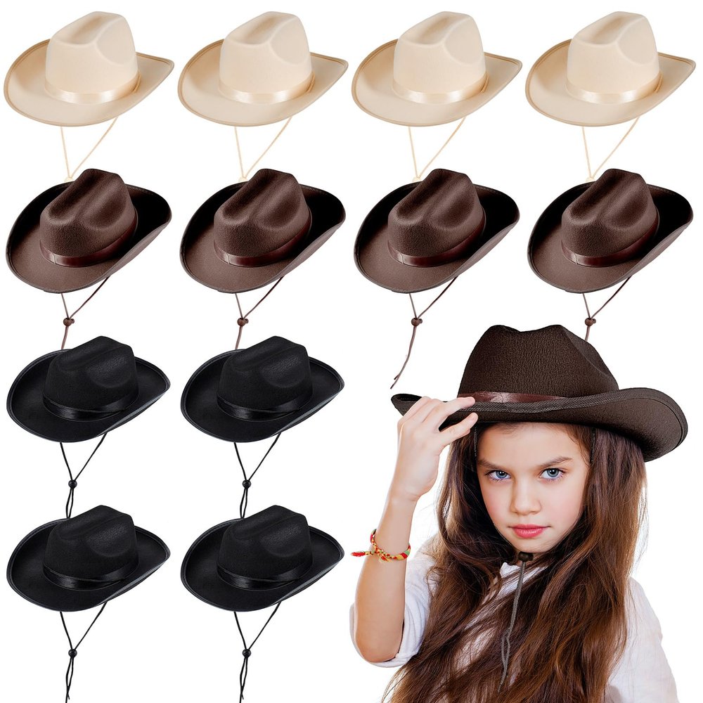 Hercicy 12 Pcs Beige Cowboy Hats Kids Toddler Cowgirl Hat for Boys Girls Child Baby Costume Accessories Western Birthday Party Supplies (Black,Dark Brown)
