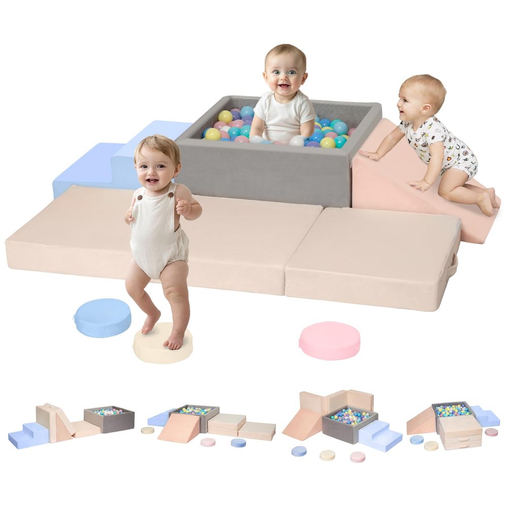CAMELUS Climbing Toys for 1 Year Old, Baby Foam Climbing Blocks with Large Ball Pit for Toddlers, 7-Piece Soft Play Set, Indoor Climber Crawl Activity Play, Birthday (Balls not Included)