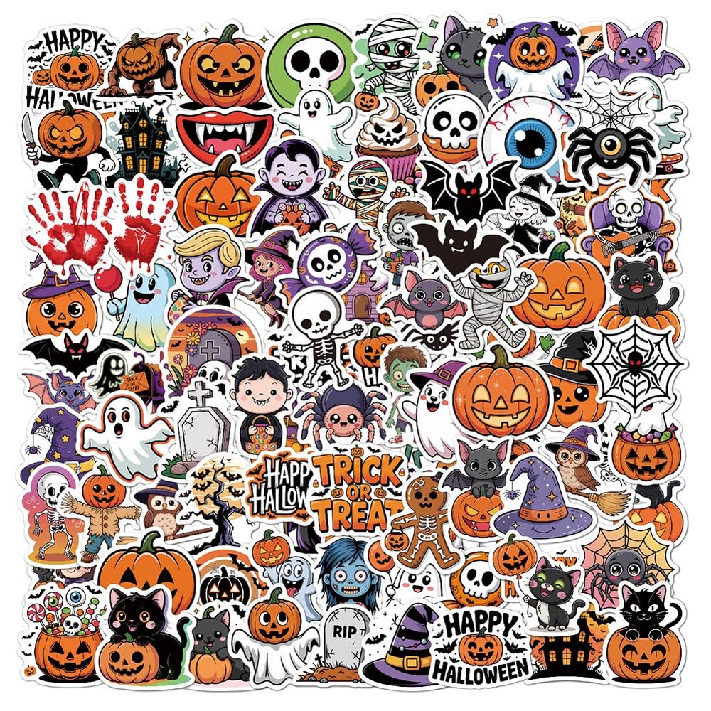 100 Pcs Halloween Stickers, Halloween Party Vinyl Horror Ghost Stickers & Adults, Holiday Party Favors for Bottle Birthday Party Decor