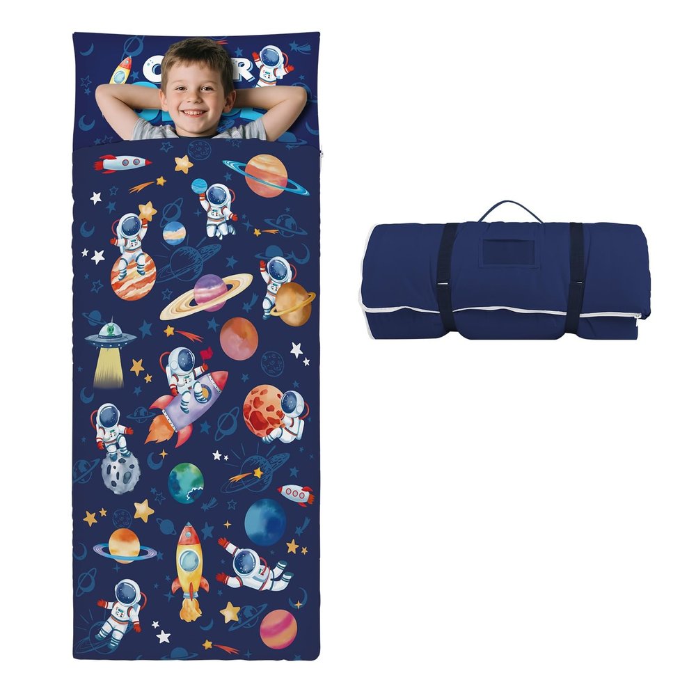 Kids Sleeping Bag Toddler Nap Mat with Removable Pillow, Large Foldable Sleeping Bag for Girls Boys, Easy Clean Slumber Bag with Double Zip for Camping School Preschool Daycare, 5924 inch