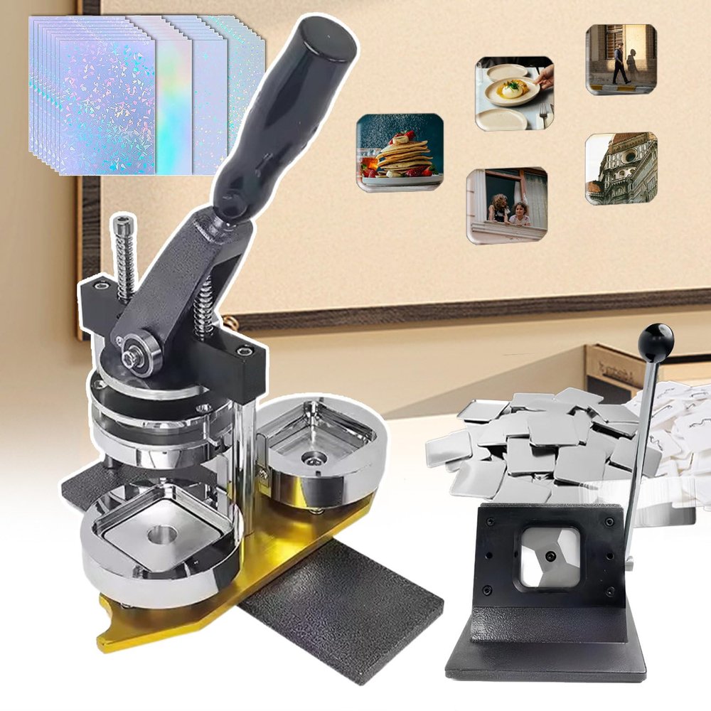DYKKLKQ DIY Pin Badge Making Kit with Punch Press, Paper Cutter, and Holographic Stickers for Beginners and Craft Enthusiasts (Pins&Magnets(50+50set))