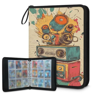 Kuquteed Colorful Speaker Trading Card Binder 4 Pocket 400 Cards Holder Collector Album with 50 Removable Sleeves Gifts for Boys Girls Abstract Drum Game Sports Cards