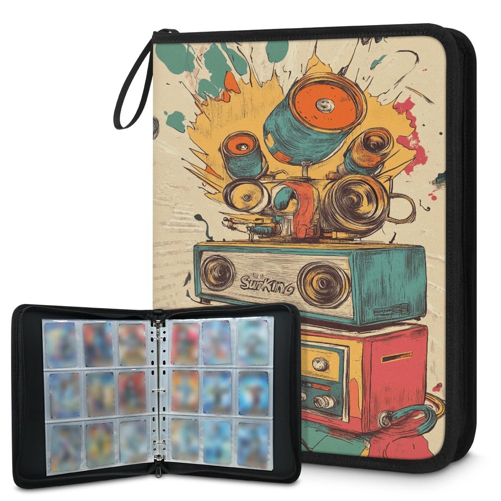 Kuquteed Colorful Speaker Trading Card Binder 4 Pocket 400 Cards Holder Collector Album with 50 Removable Sleeves Gifts for Boys Girls Abstract Drum Game Sports Cards