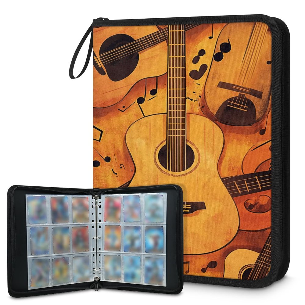 Kuquteed Orange Guitar Trading Card Binder 4 Pocket 400 Cards Holder Collector Album with 50 Removable Sleeves Gifts for Boys Girls Musical Notes Game Sports Cards