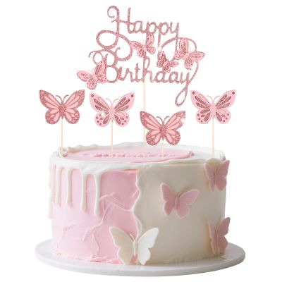 13-Pieces Pink Butterfly Cake Toppers Happy Birthday Topper 3D Butterfly Cake Toppers Decorations Party Supplies for Decorating Baby Shower Girl's Birthday - Pink