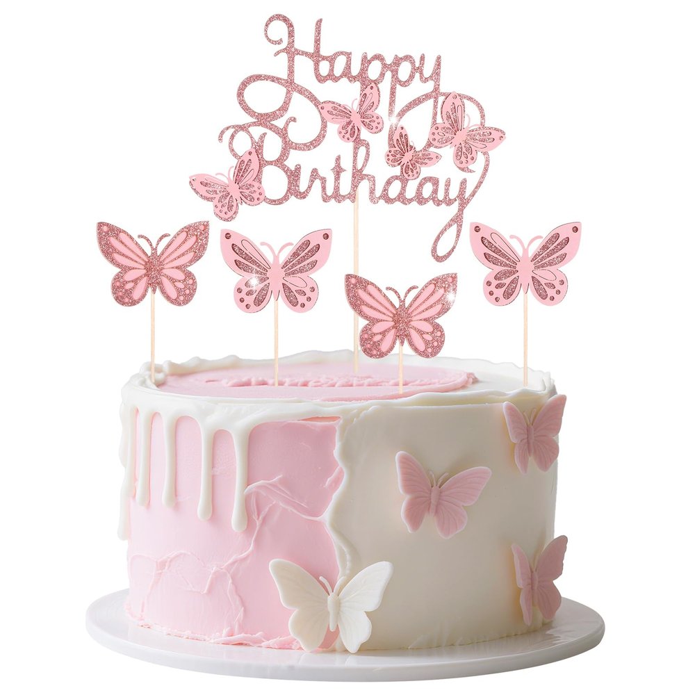 13-Pieces Pink Butterfly Cake Toppers Happy Birthday Topper 3D Butterfly Cake Toppers Decorations Party Supplies for Decorating Baby Shower Girl's Birthday - Pink