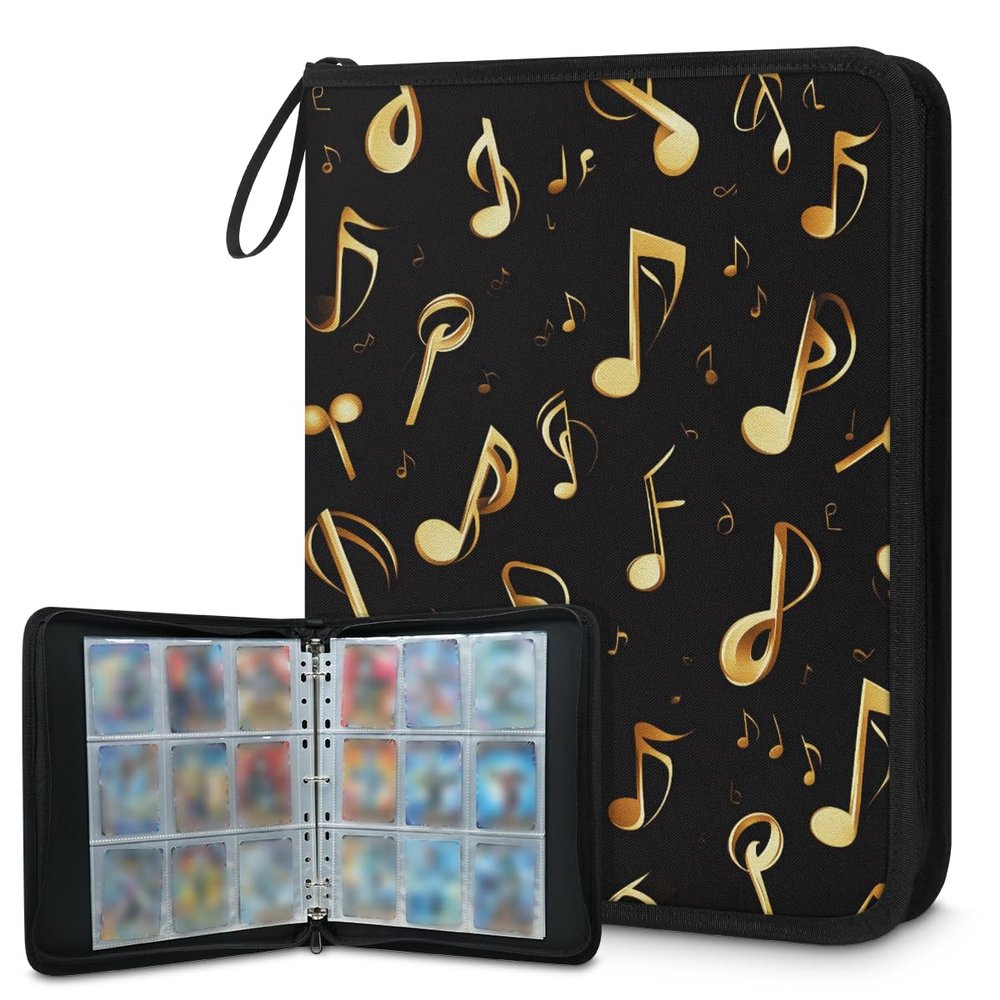 Kuquteed Golden Musical Notes Trading Card Binder 4 Pocket 400 Cards Holder Collector Album with 50 Removable Sleeves Gifts for Boys Girls Musica Symbol Game Sports Cards
