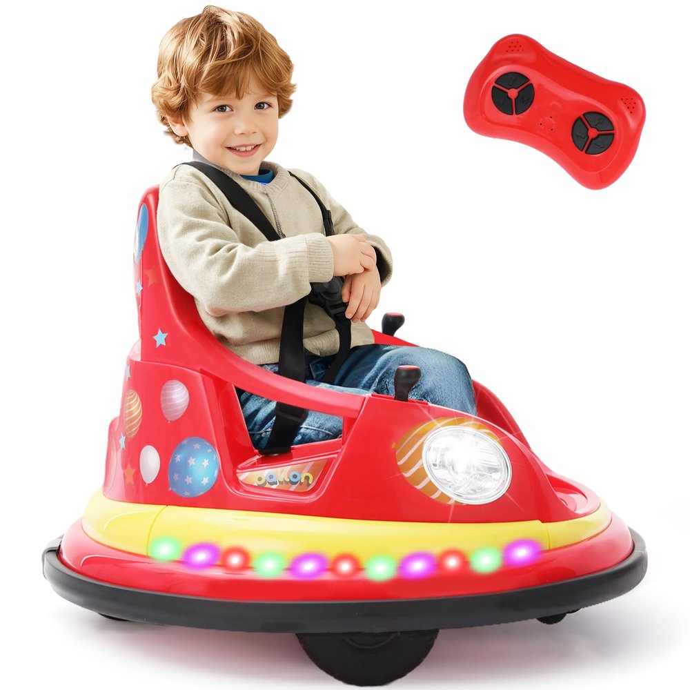 12V Kids Electric Bumper Car for Toddlers Kiddokidz Ride-On Toy with Parent Remote, 360 Spin, Lights & Sounds, 2 PCS DIY Stickers, 2-Speed, Red