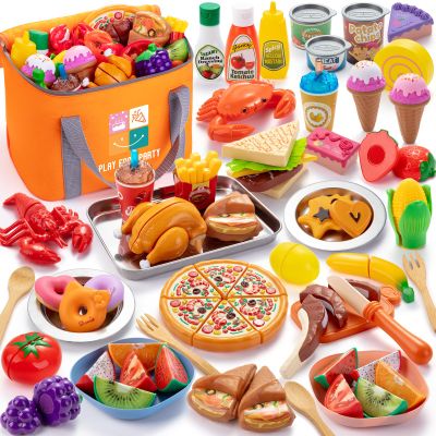 Juboury Pretend Play Food Set for Toddlers, Cutting Toy Food with Storage Bag, Stainless Steel Tray and Plates, Food Toys with Veggies, Fruits, Dessert, Pizza Toy, Play Kitchen Accessories for Kids