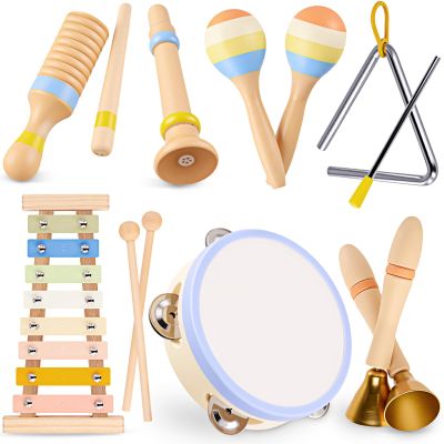 Baby Musical Instruments, Montessori Wooden Musical Toys for Toddlers 13, Xylophone Tambourine Triangle Maracas, Wooden Baby Instruments, Kids Preschool Educational Toys, Birthday Gift for Boys Girls