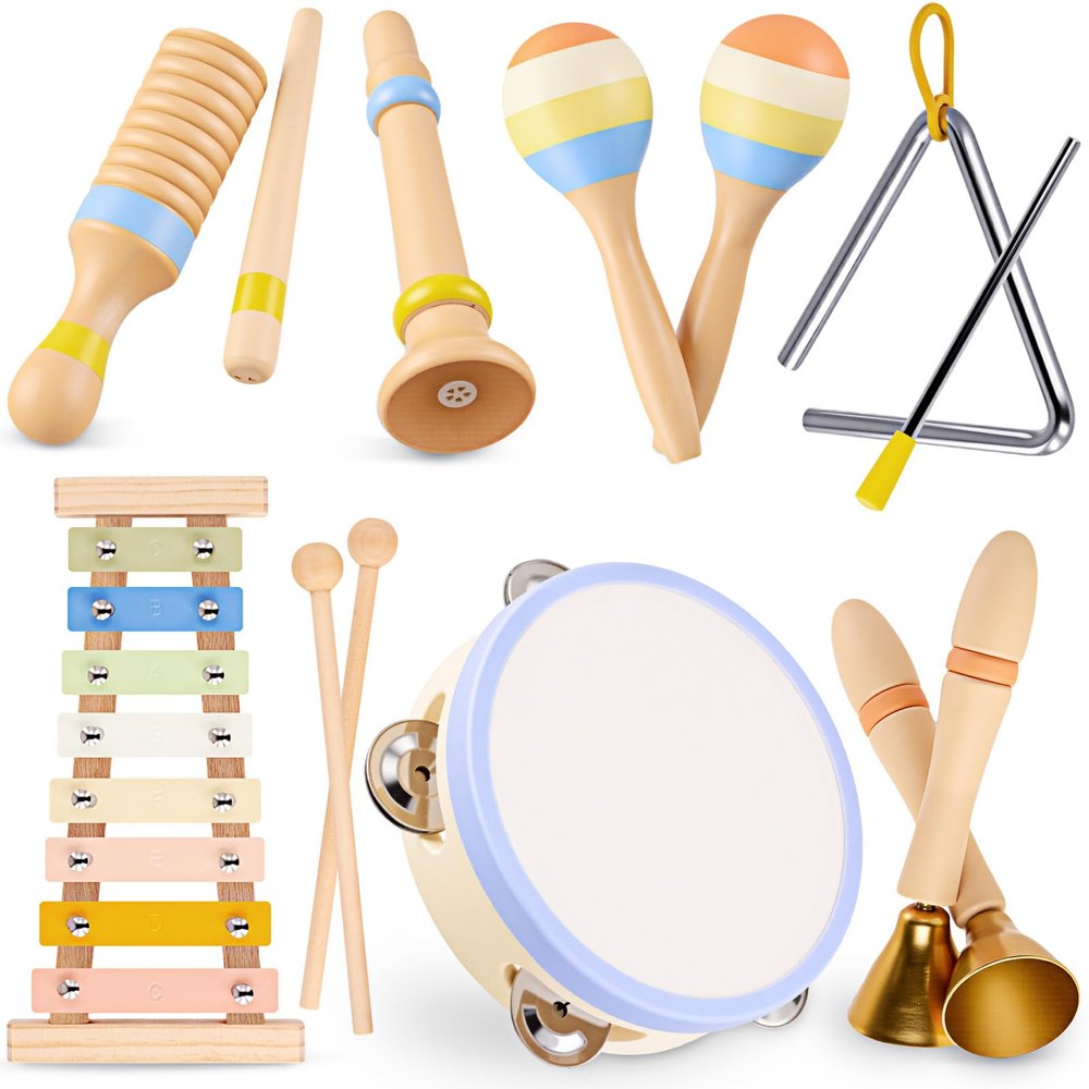 Baby Musical Instruments, Montessori Wooden Musical Toys for Toddlers 13, Xylophone Tambourine Triangle Maracas, Wooden Baby Instruments, Kids Preschool Educational Toys, Birthday Gift for Boys Girls