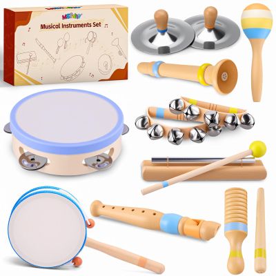 Baby Musical Instruments for Toddlers 13, Montessori Wooden Music Set with Drum Flute Clarinet Bells Cymbals, Toddler Musical Instruments Educational Kids Toys Birthday Gifts for Boys Girls