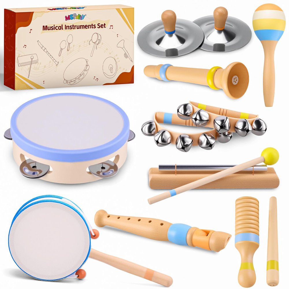 Baby Musical Instruments for Toddlers 13, Montessori Wooden Music Set with Drum Flute Clarinet Bells Cymbals, Toddler Musical Instruments Educational Kids Toys Birthday Gifts for Boys Girls