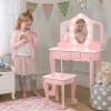 Garveehome Kids Vanity Table and Chair Set with Light, Girls Vanity with Mirror, Drawer and Pretend Playset, Wooden Princess Makeup Desk Dressing Table, Toddler Vanity (Batteries Not Included) view 1